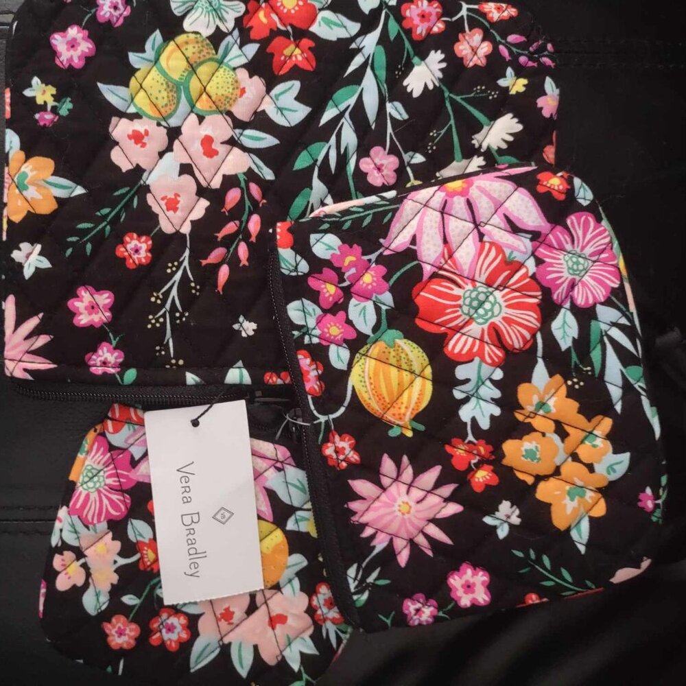 Vera Bradley COSMETIC TRIO with Black, Red, Yellow, and Pink Flowers pattern.